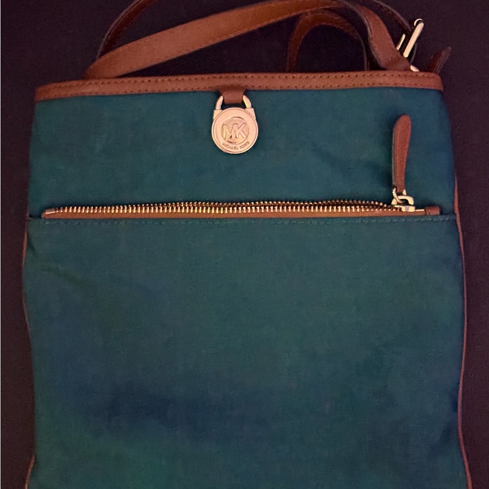 Michael Kors Blue and Brown Crossbody Bag with Gold Hardware